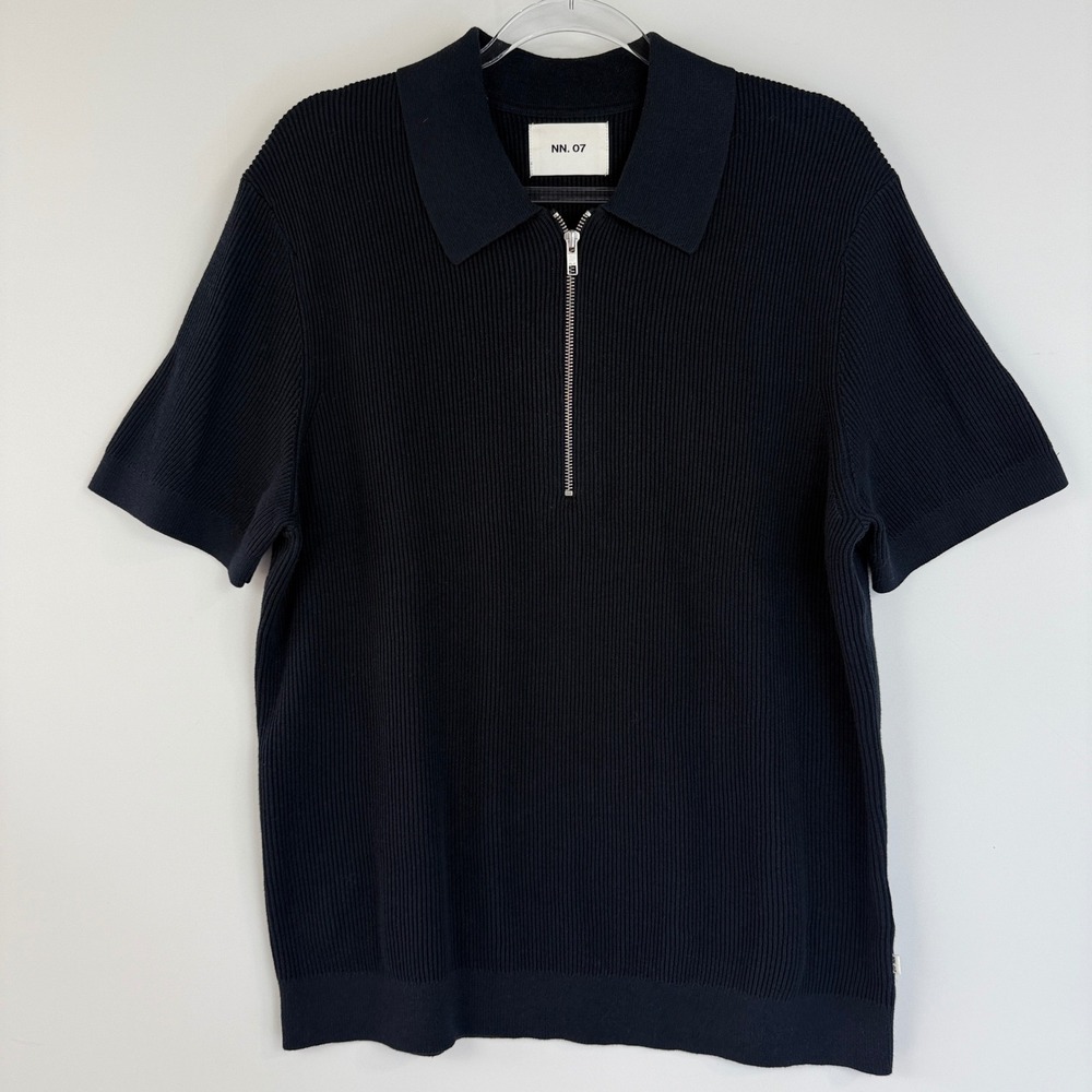 No Nationality NN.07 Hansie SS Zip Polo Mens Navy Ribbed Organic Cotton Knit